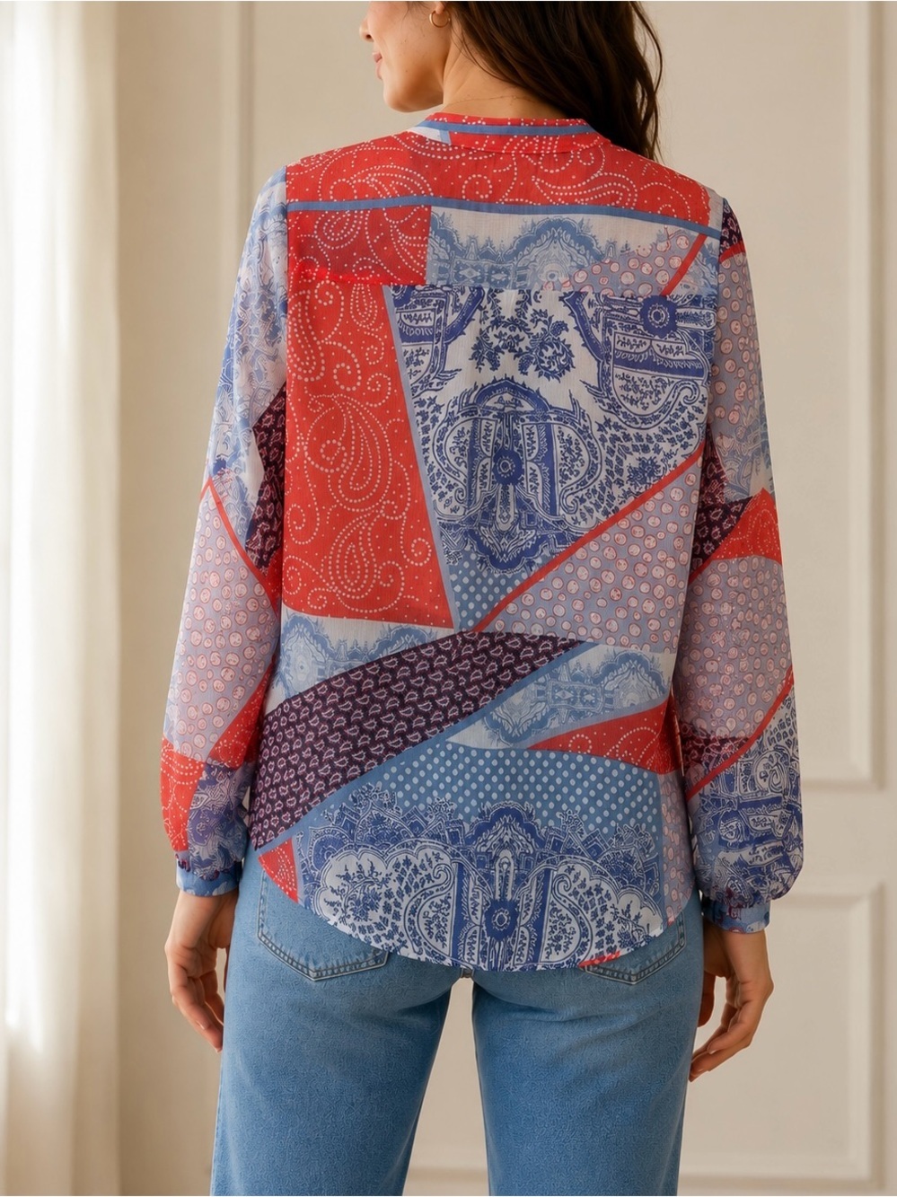 Tommy Hilfiger Ruffle Lace Up Mixed Print Paisley Blouse Size L - Picture 2 of 15
